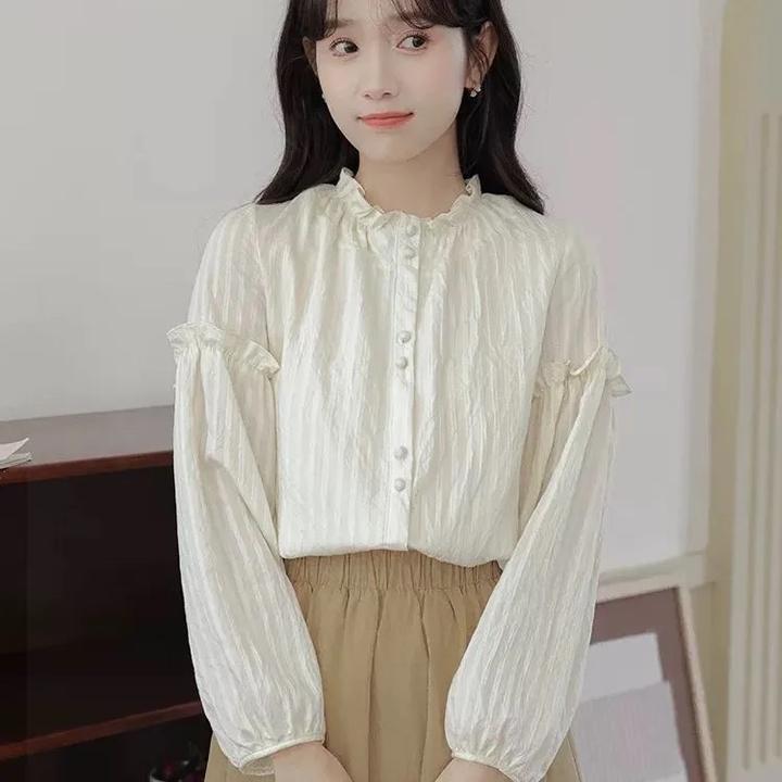 小清新韩系宽松木耳领文艺衬衫女春季新款休闲百搭温柔风长袖上衣