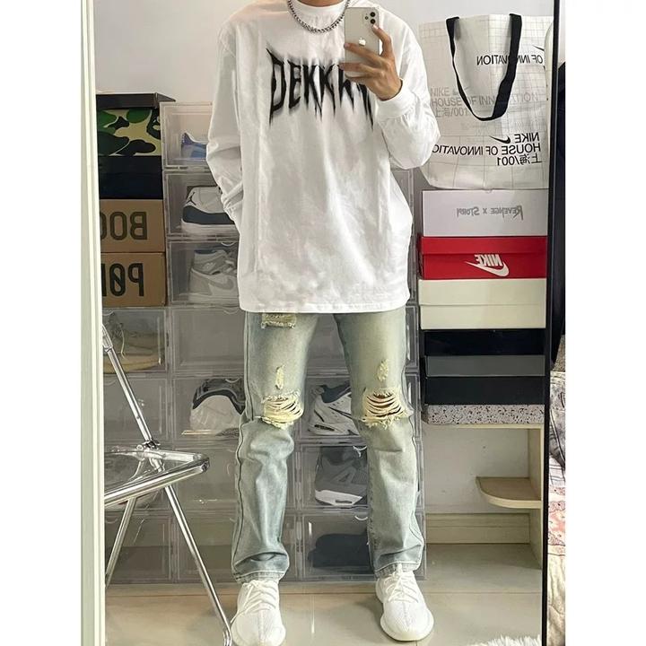 labzaa街vibe字母印花纯棉长袖T恤男秋季街头百搭圆领宽松打底衫