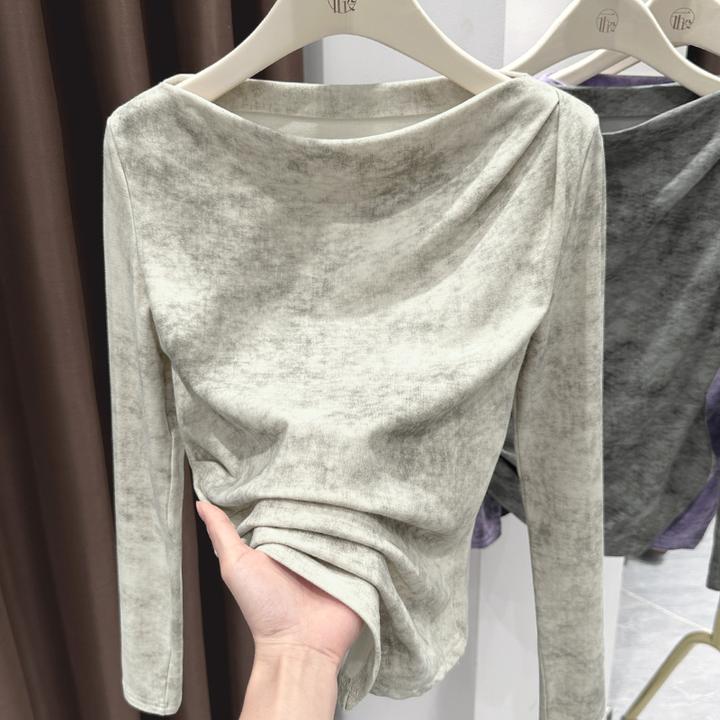 温婉风气质杏色一字领长袖套头衫小众独特柔软亲肤修身打底上衣