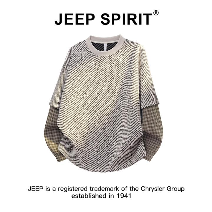 JEEPSPIRIT吉普格子拼接假两件卫衣男士秋季新款宽松休闲圆领长袖