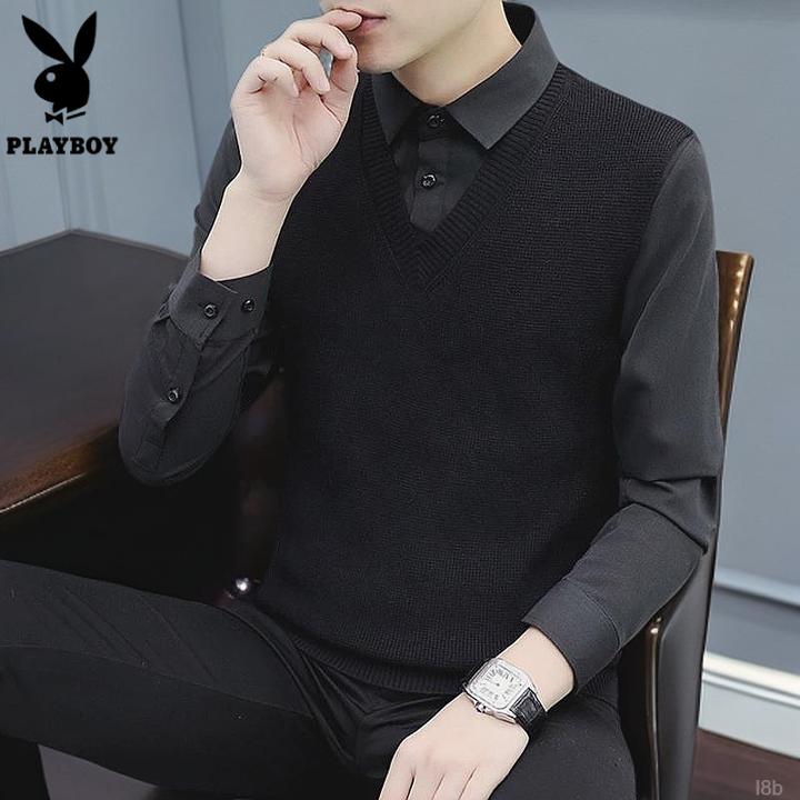 PLAYBOY花花公子男士潮流秋冬针织衫毛衣长袖休闲加绒加厚衬衫领