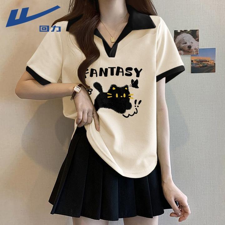 回力正肩短袖女t恤夏2025新款爆款宽松百搭纯棉半袖polo衫v领上衣