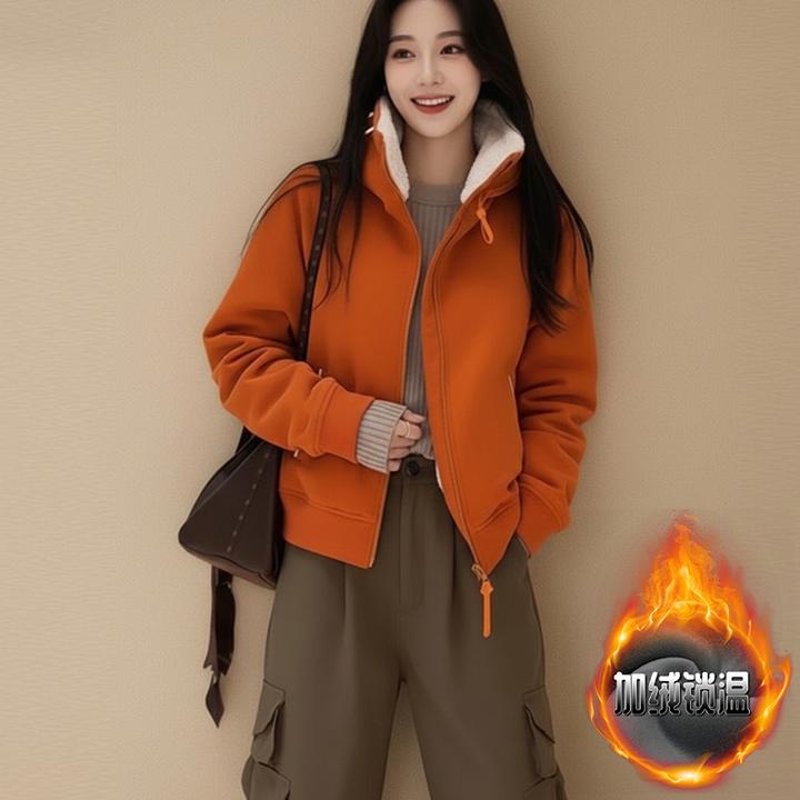 7127橘色拉链连帽加绒卫衣女2026秋冬新款时尚减龄显瘦上衣