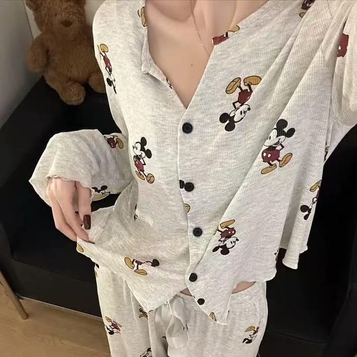 卡通可爱米奇亲肤莫代尔冰丝开衫长袖长裤睡衣女春秋季家居服套装