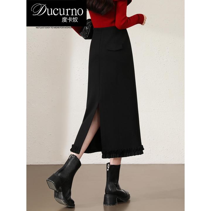 黑色毛呢半身裙女秋冬新款高腰显瘦通勤气质中长款包臀半裙子