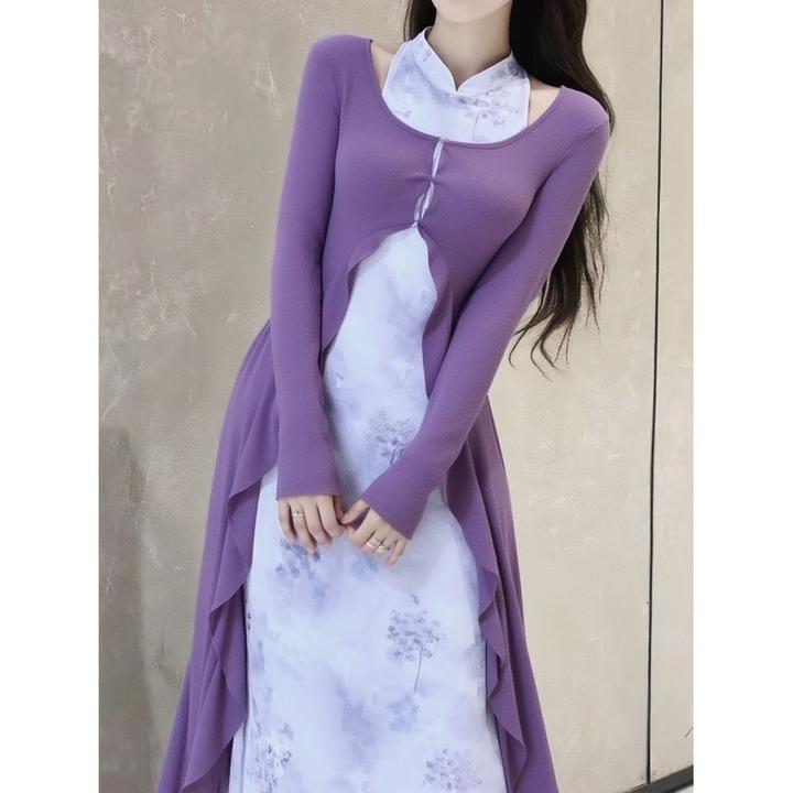 画报夫人新中式国风紫色荷叶边长袖假两件收腰连衣裙修身显瘦设计