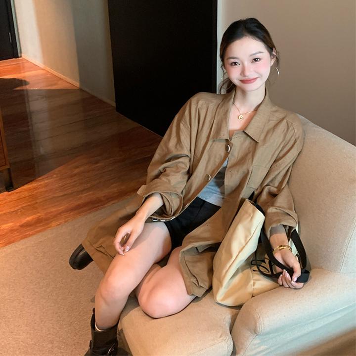 时尚复古麻感气质秋季长袖百搭衬衣大口袋设计感衬衫上衣女