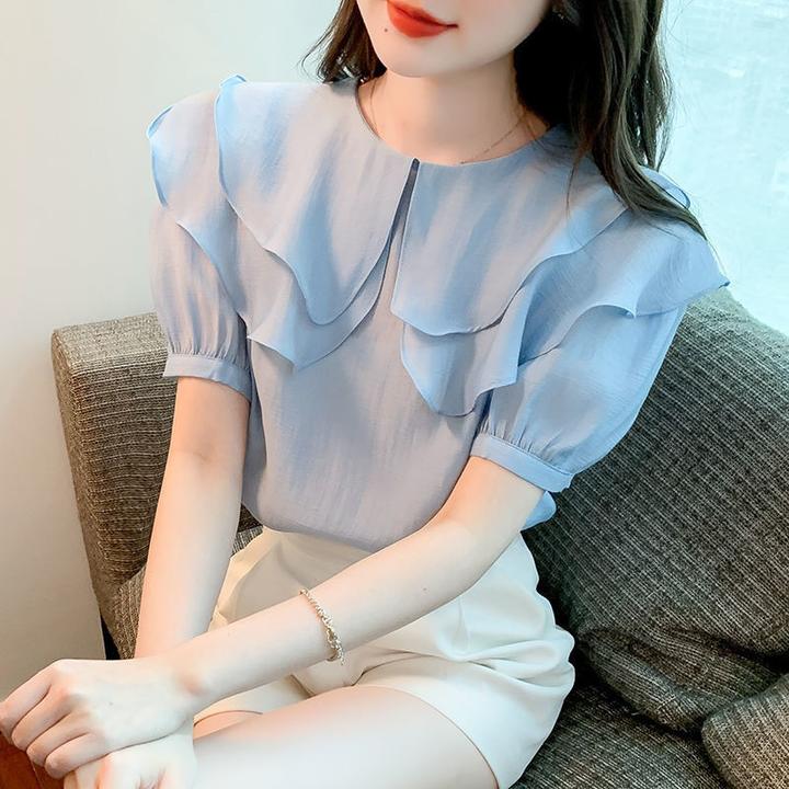 夏季新款气质甜美双层荷叶边领短袖衬衫泡泡袖减龄百搭雪纺小衫