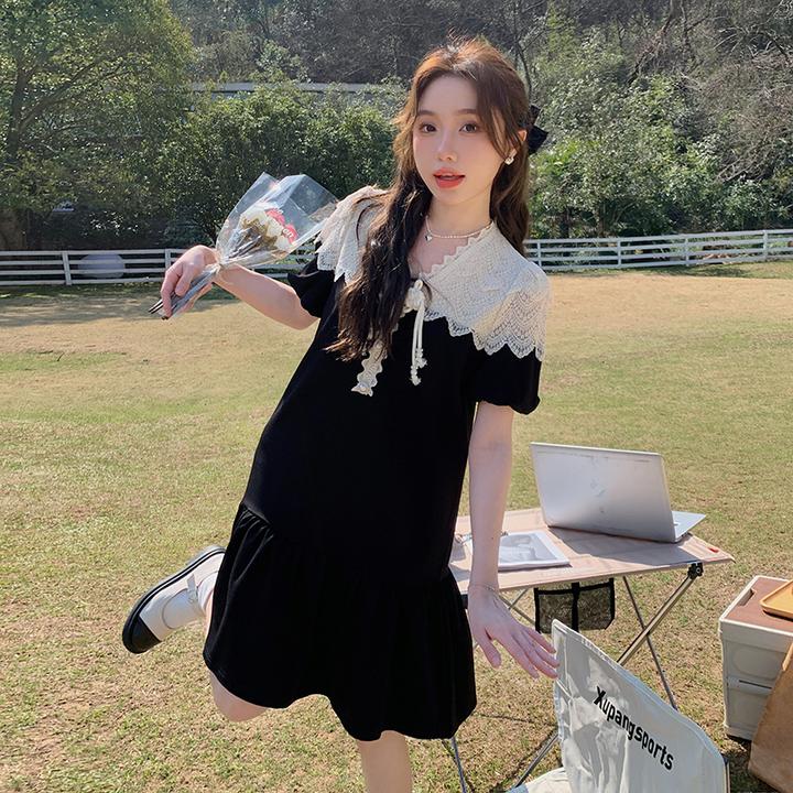 中长裙不褪色拼接短袖短裙连衣裙娃娃领辣妈裙子蕾丝显瘦气质时尚