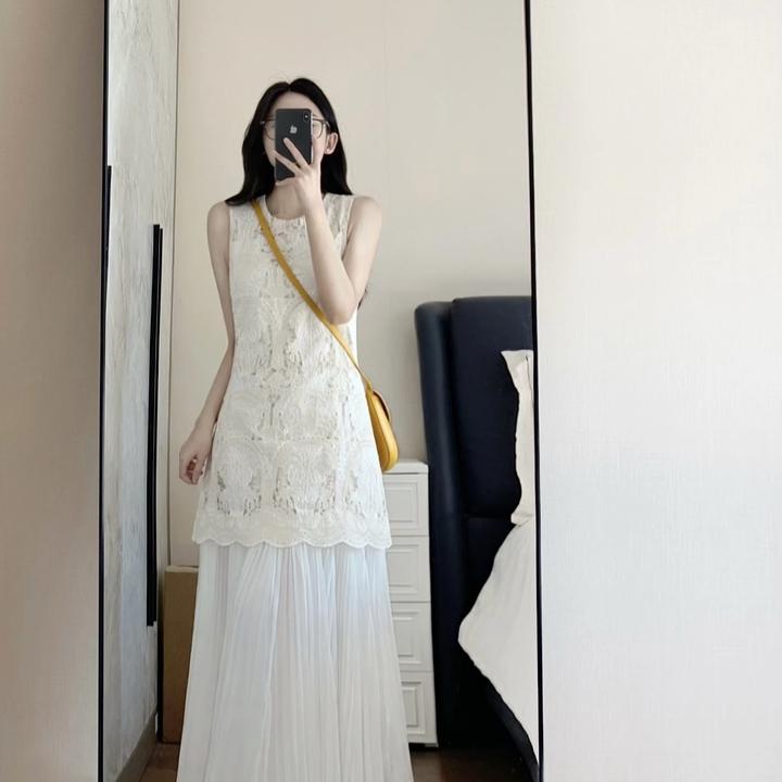 【现货】法式重工镂空钩花连衣裙夏季百褶显瘦裙子气质长裙AM25059