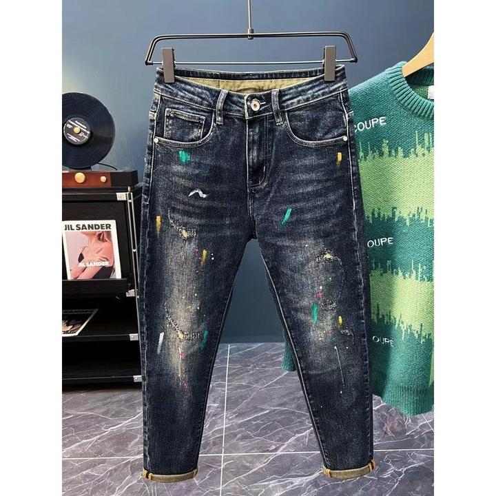 破洞牛仔裤男士夏季修身小脚潮流漆点泼墨夏新款男长裤子2025新款