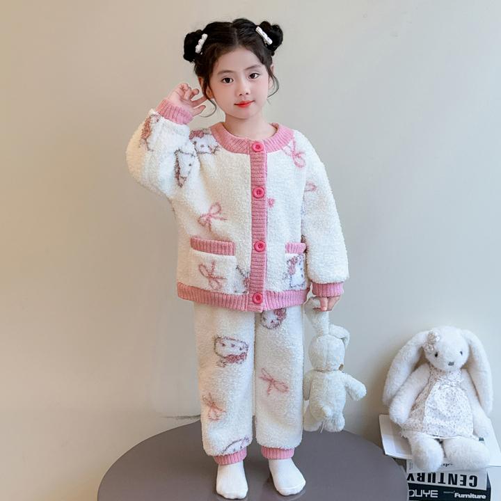 女童珊瑚绒睡衣秋冬季2025新款女孩宝宝加厚法兰绒儿童冬款家居服