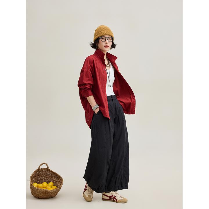 麻霖原创设计100%棉加绒温暖亲肤刺绣小翻领宽松休闲百搭衬衫