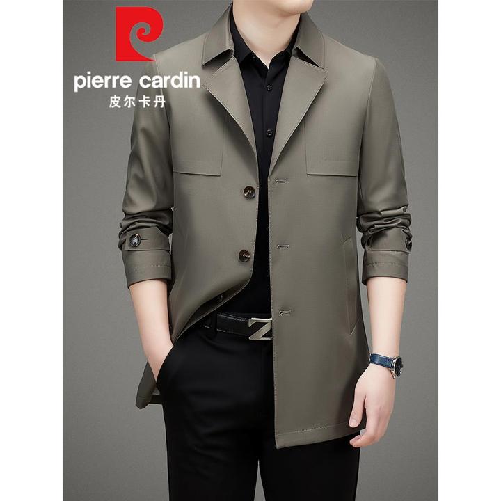 皮尔卡丹男中长款高端西装领风衣中年男士休闲夹克外套爸爸装大衣