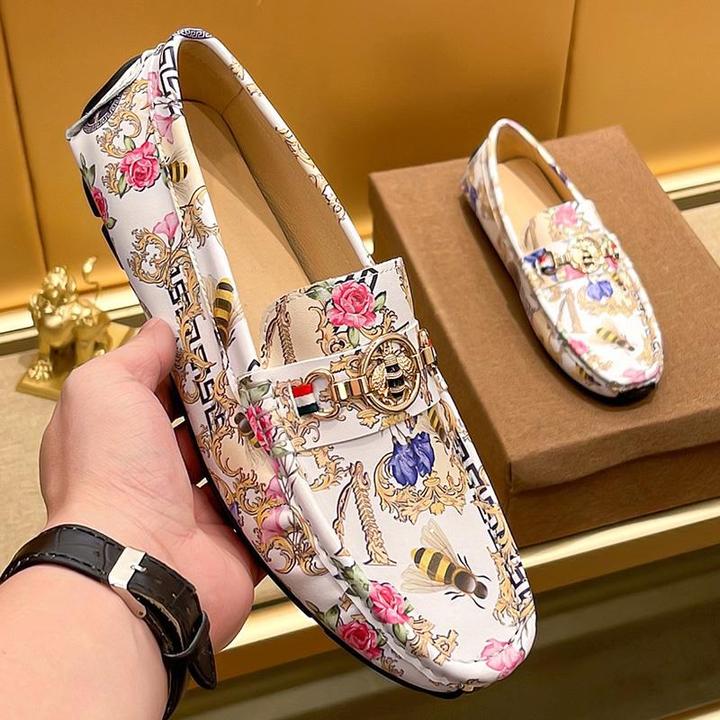 高档小蜜蜂豆豆鞋男士夏季潮牌印花英伦商务真皮休闲皮鞋轻奢男鞋