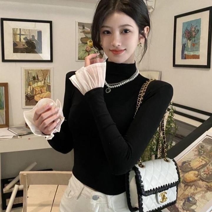 2025新款辣妹风喇叭袖拼接纯欲修身显瘦高领长袖T恤小众上衣ins女