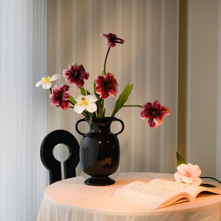 笑脸郁金香假花仿真花摆设客厅桌台高级感逼真装饰摆件陶瓷瓶