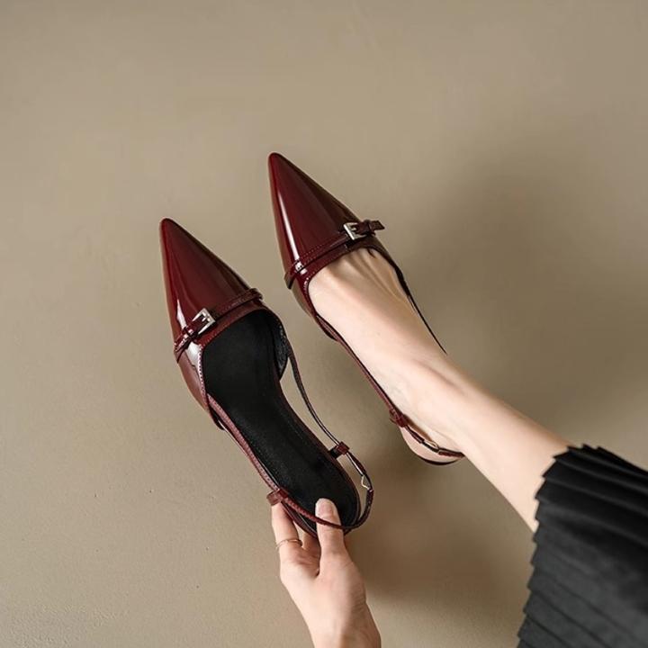 法式软皮酒红色气质小猫跟后空单鞋配裙子尖头细跟中跟包头凉鞋女