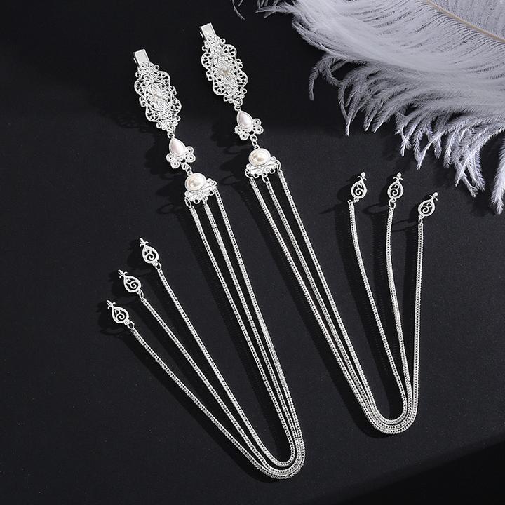 2025新款民族风松石头饰百搭长流苏发夹复古仿银简约发饰