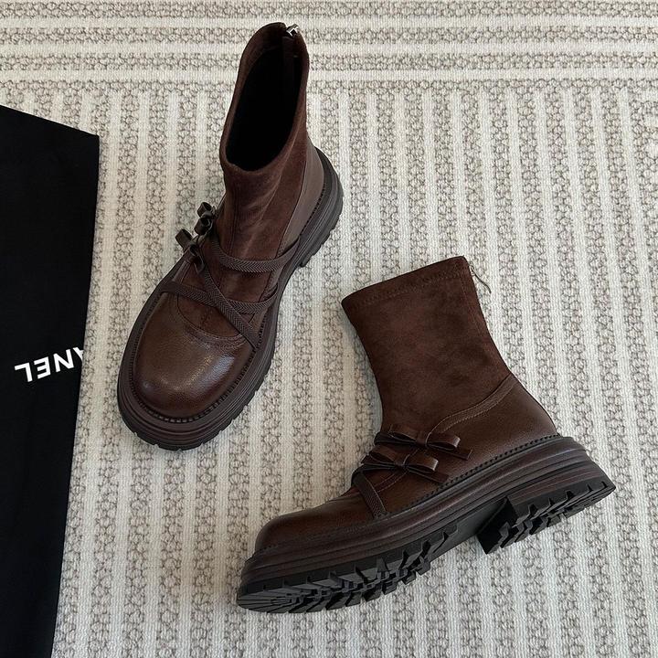 度卡奴真皮厚底学院风袜靴女秋冬季弹力瘦瘦靴蝴蝶结粗跟靴子短靴