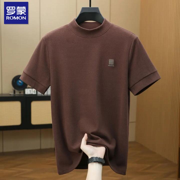 罗蒙秋冬季短袖半高领T恤男士保暖休闲百搭舒适罗蒙纯色长袖t恤