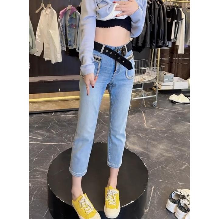 早春新款牛仔裤高腰显瘦八分裤潮流小众烟管裤子