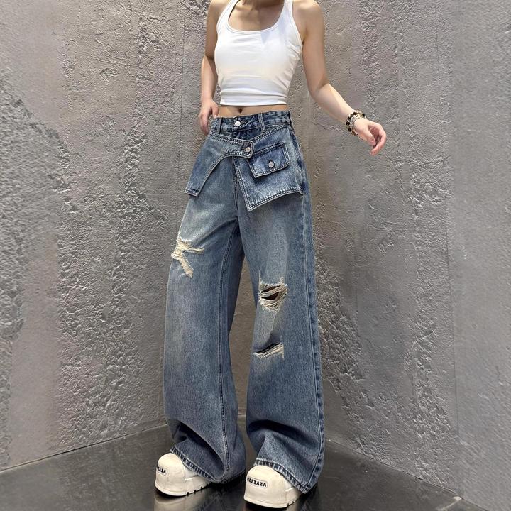 复古假两件高腰破洞阔腿女秋季宽松显瘦直筒美式网红牛仔裤拖地