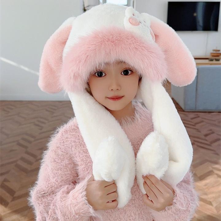 耳朵会动可爱兔耳朵儿童帽子围巾一体冬季女孩毛绒护耳保暖雷锋帽