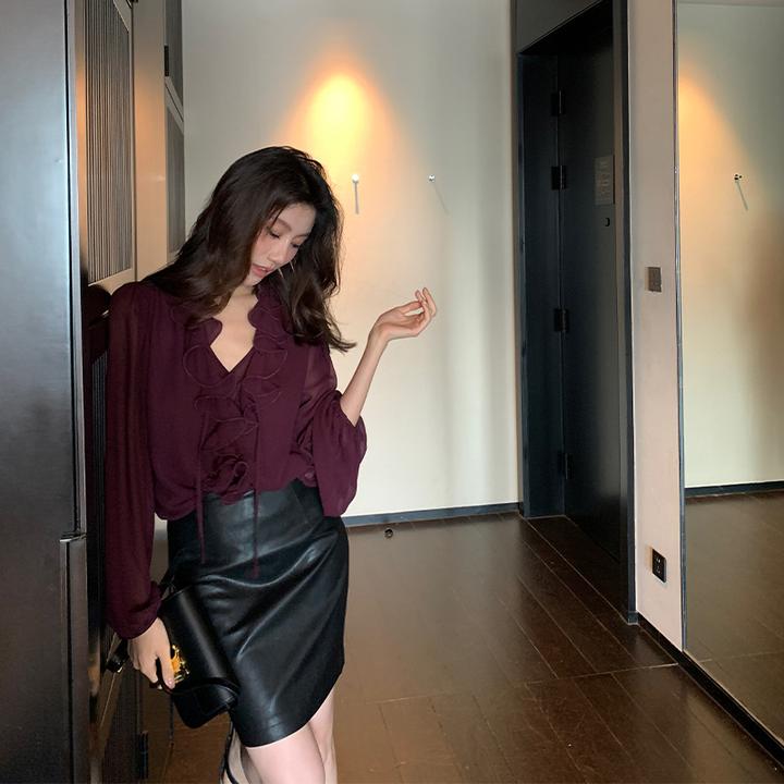 【ALONE SAVOR】龍喜儿财阀千金 轻奢荷叶立领减龄衬衫小衫Z379