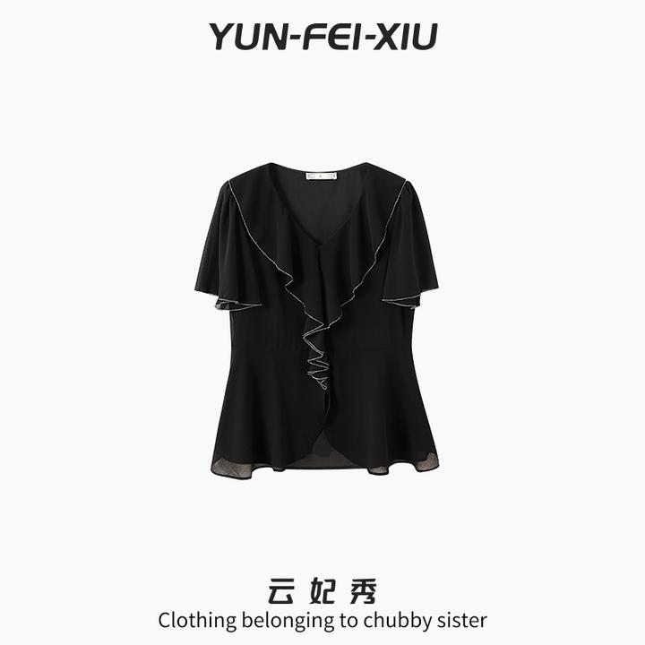 云妃秀大码女装雪纺衫V领时尚休闲宽松显瘦遮肉胖妹妹短袖夏80104