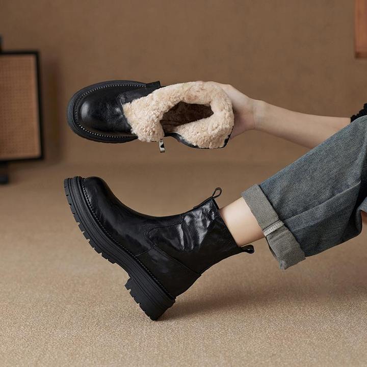 度卡奴羊皮雪地靴厚底短靴女冬季加绒真皮马丁靴保暖大棉靴