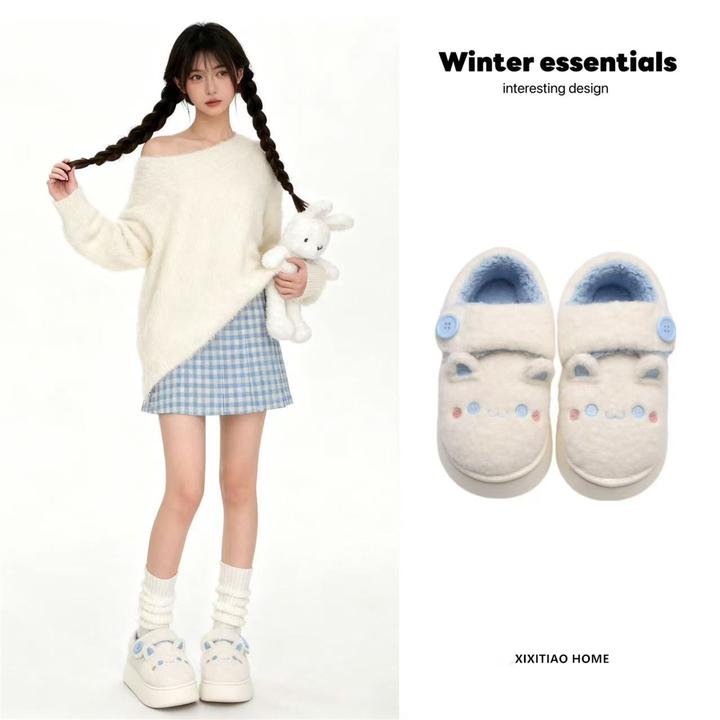 细细条 日系百搭魔术贴棉鞋面包鞋女冬少女心防滑外穿加绒小白鞋