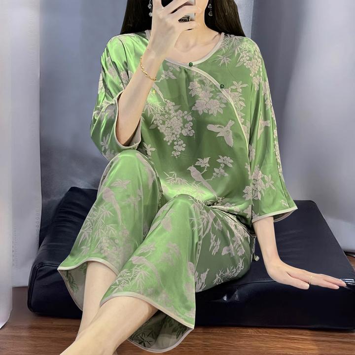 国风睡衣女新中式刺绣盘扣长袖套装春夏季冰丝薄款提花家居服外穿