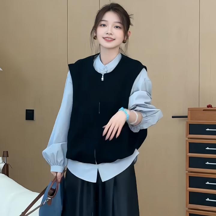 时尚拼接假两件衬衫女2025秋季大码胖MM气质防晒通勤百搭慵懒上衣