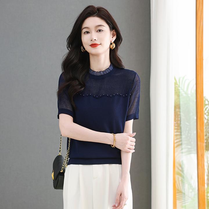 高档蕾丝镂空冰丝短袖t恤女士夏装2025新款女装薄款钉珠圆领上衣