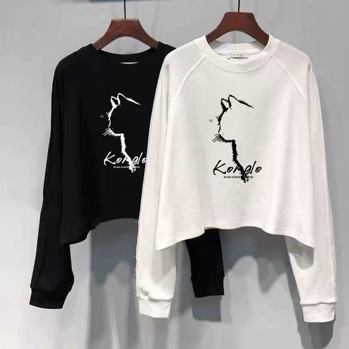 圆领蝙蝠袖长袖T恤女韩系春秋新款印花慵懒风设计感宽松短款上衣