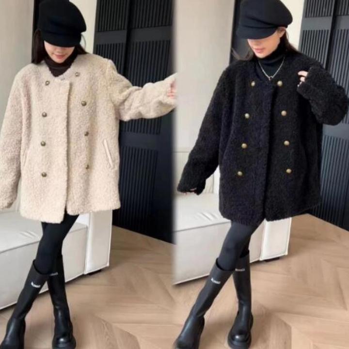 双排扣冬季宽松气质时尚毛毛榻榻毛韩版百搭网红秋冬毛毛外套大衣
