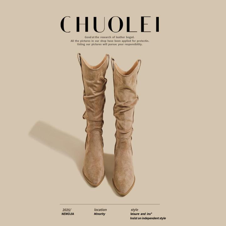 【DR官方正品】2025秋冬季新款粗跟尖头v口骑士长靴女复古高跟废土