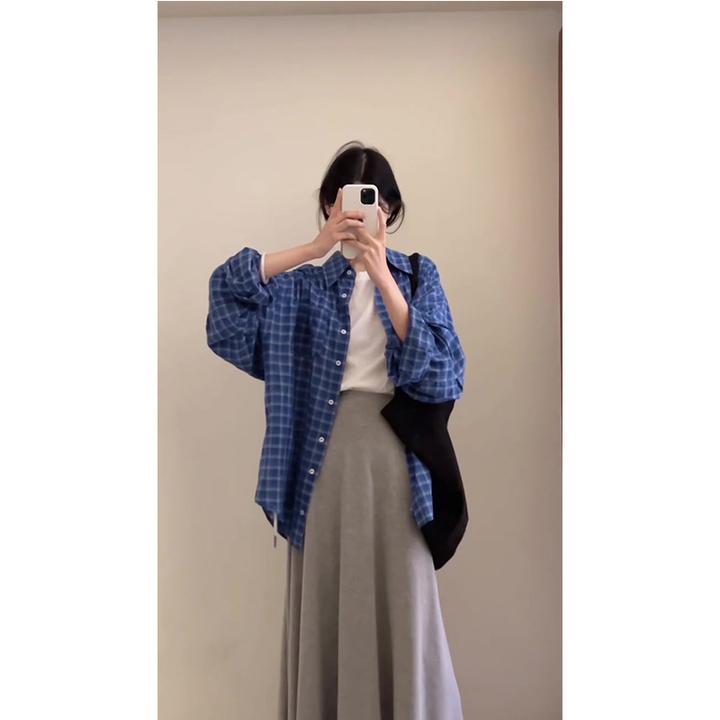 蓝色格子衬衫外套女夏季薄款2025新款开春长袖防晒衬衣半身裙套装