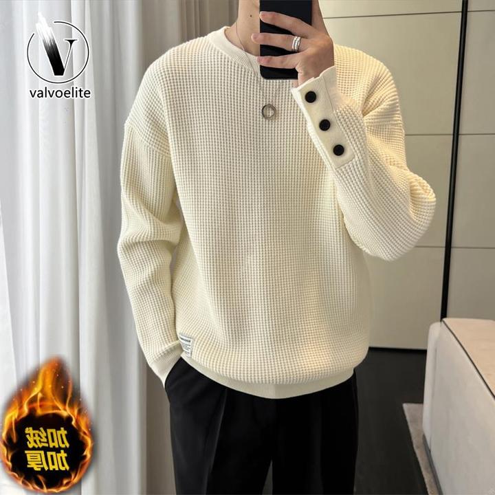 VALVOELITE重磅华夫格加绒卫衣男士新款时尚百搭上衣秋内搭打底衫