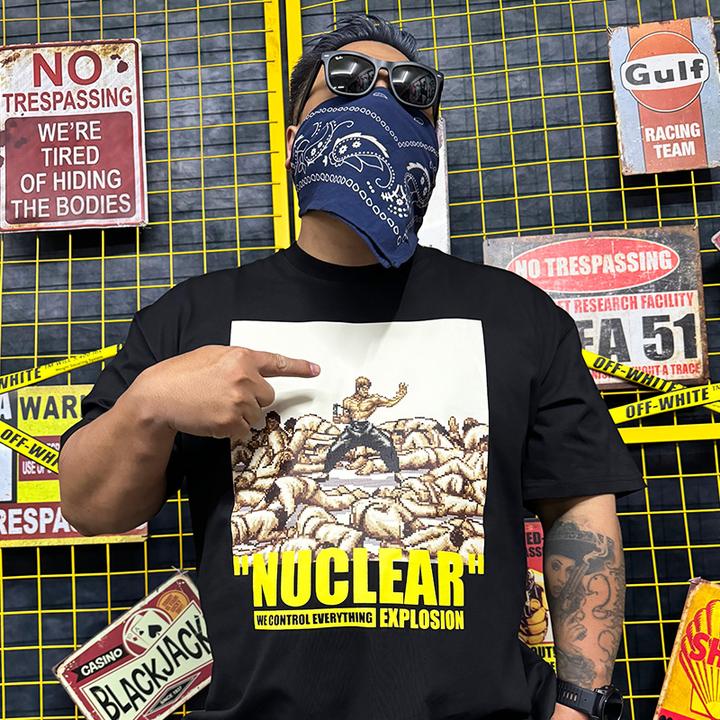 核爆炸夏季功夫李小龙像素印花250克黑色纯棉宽松大码男女短袖T恤