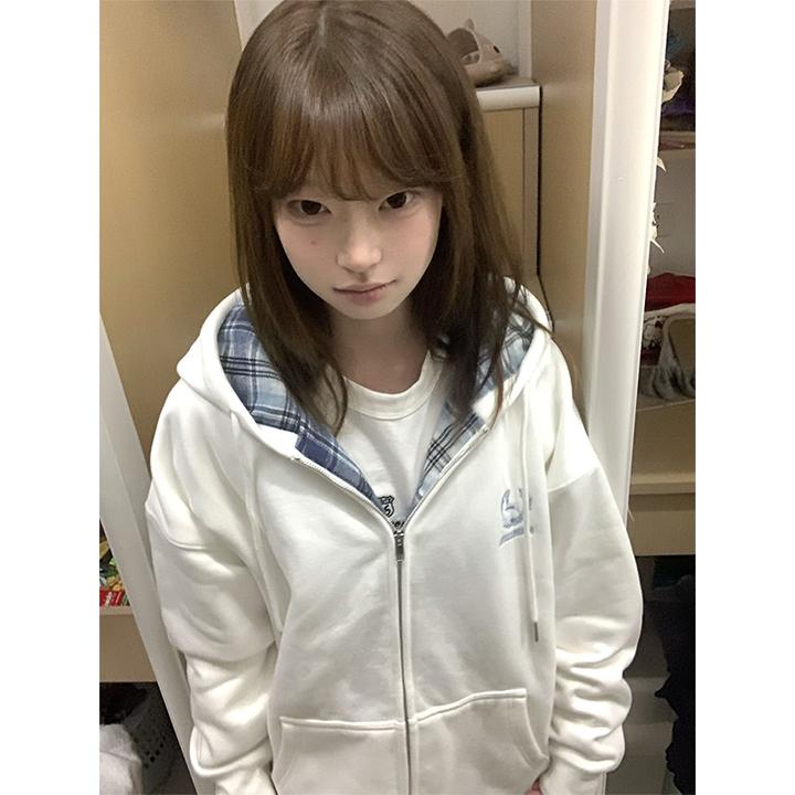 加绒加厚格子拼接开衫外套女秋冬美式高级感oversize宽松连帽卫衣
