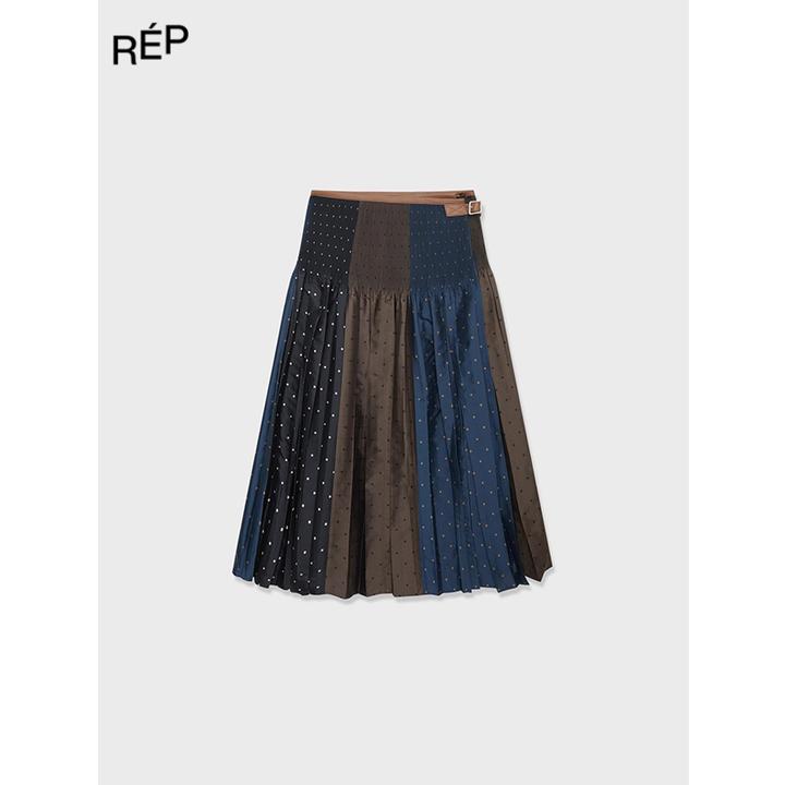 IMMI设计师品牌混色拼色波点牙签褶打揽长半裙 25PF早秋新品