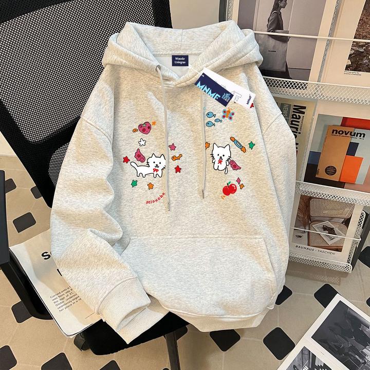 潮流可爱白猫个性印花女童2025新款加绒连帽卫衣中大童时髦上衣冬