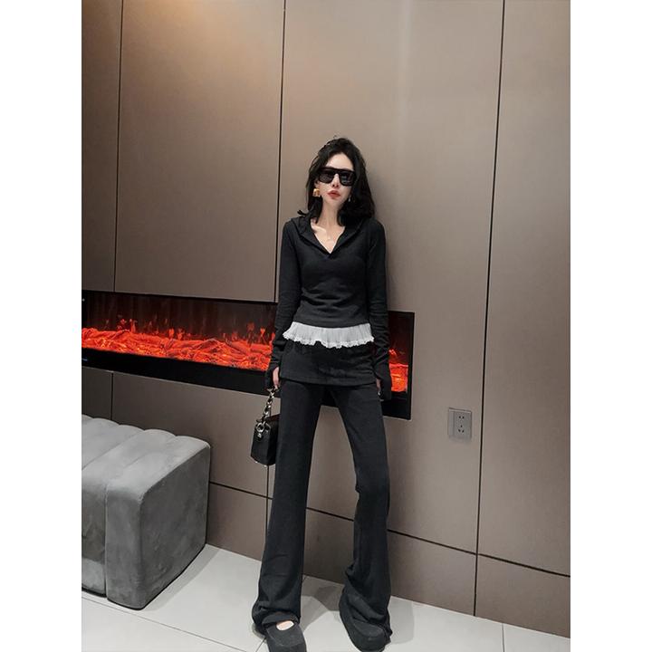 韩系2025早春新款蕾丝拼接长袖连帽T恤女屁帘显瘦喇叭裤两件套潮