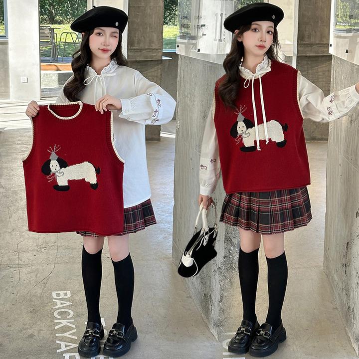 女童套装春秋款2025新款洋气大童春季儿童花边衬衣马甲百褶裙春装