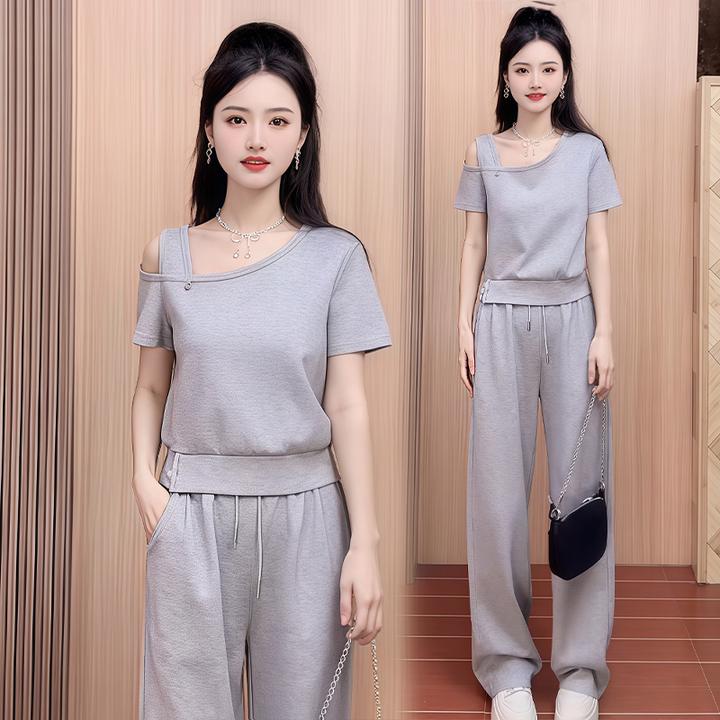 小个子休闲运动套装女2025夏季新款洋气减龄短袖百搭阔腿裤两件套