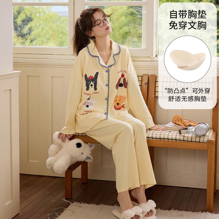 睡衣女款爆款2025新款春秋季带胸垫卡通长袖长裤高颜值大码家居服