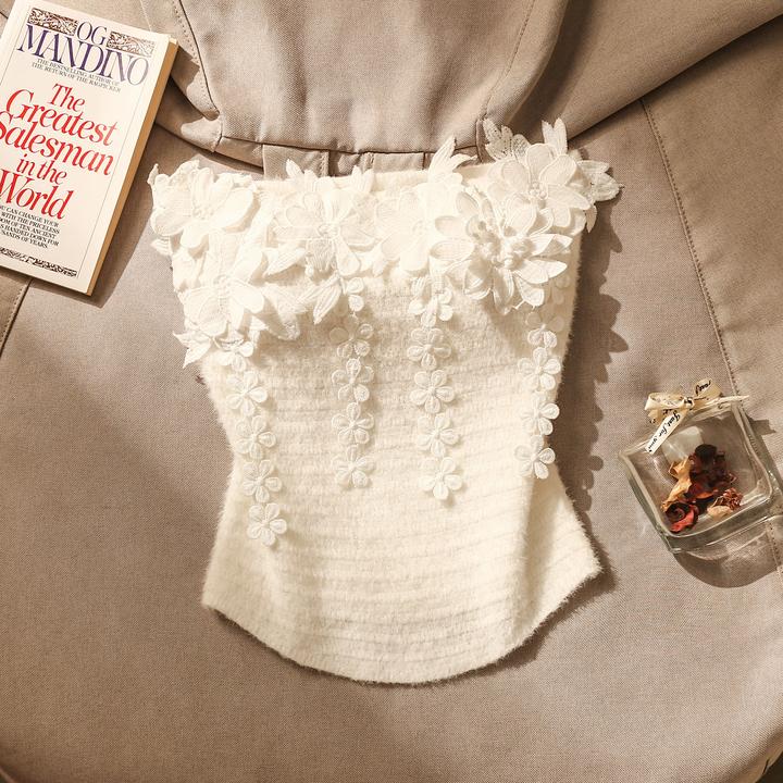 白色毛绒流苏花朵针织抹胸吊带背心女秋裹胸修身内搭短款美背上衣