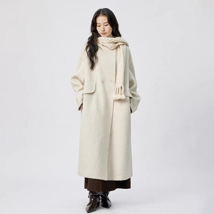 【沐禾】202冬季韩版长款双面简约气质围巾款大衣外套衣长111